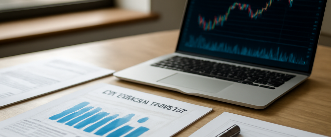 Meja kerja analis keuangan dengan laporan tahunan dan grafik saham di laptop