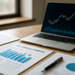 Meja kerja analis keuangan dengan laporan tahunan dan grafik saham di laptop