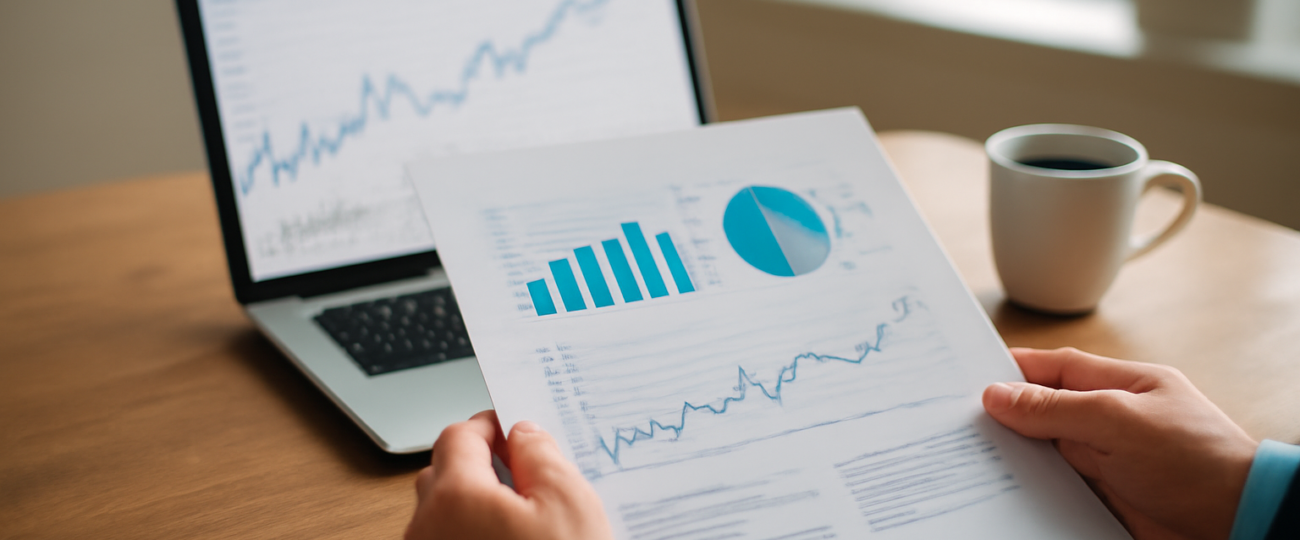 Seorang analis keuangan sedang membaca laporan investor relations emiten di meja kerja