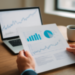 Seorang analis keuangan sedang membaca laporan investor relations emiten di meja kerja