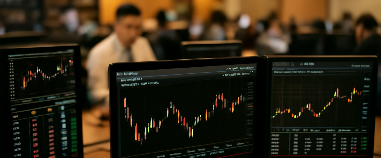 Suasana ruang pemantauan pasar modal dengan layar grafik saham dan indeks