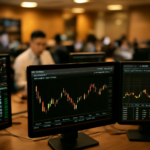 Suasana ruang pemantauan pasar modal dengan layar grafik saham dan indeks
