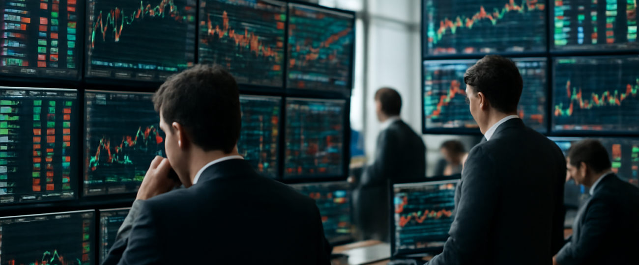 Suasana lantai bursa dengan layar pergerakan harga saham dan analis di latar belakang