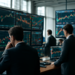 Suasana lantai bursa dengan layar pergerakan harga saham dan analis di latar belakang